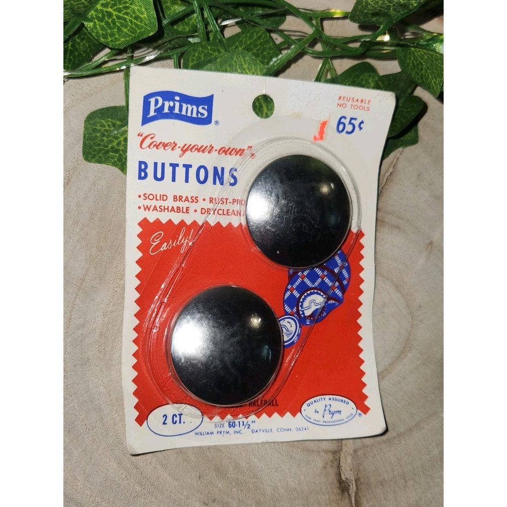 Vintage Prims Cover Your Own Buttons Size 60 1½" Solid Brass 2 Ct NOS Sewing